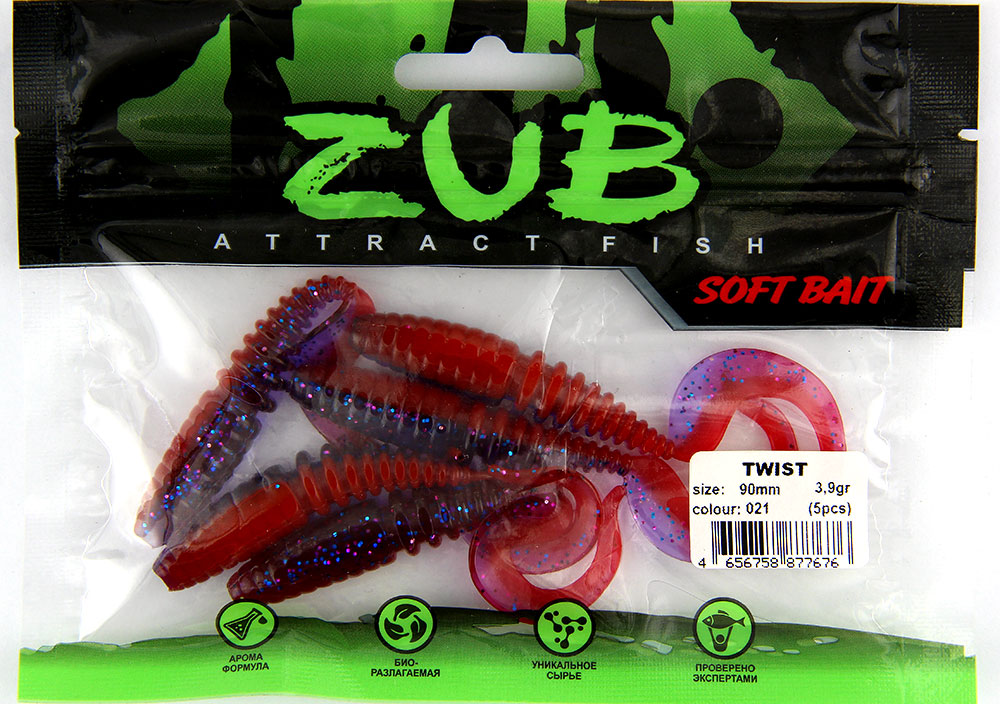 Приманка ZUB-TWIST 90мм-5шт, (цвет 021) фиолетово-красный