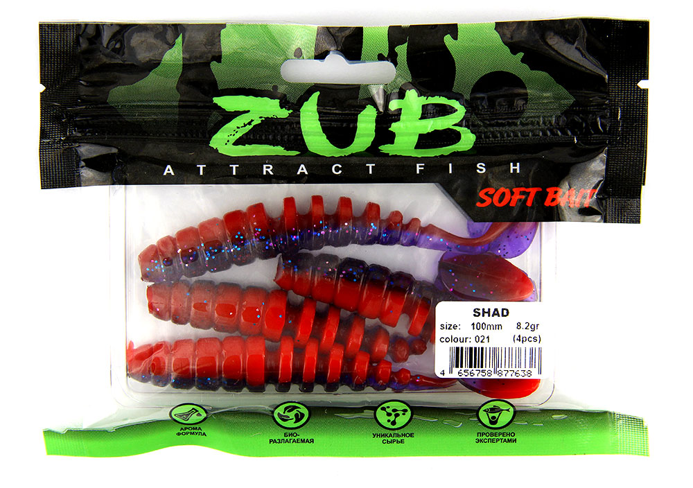 Приманка ZUB-SHAD 100мм-4шт, (цвет 021) фиолетово-красный