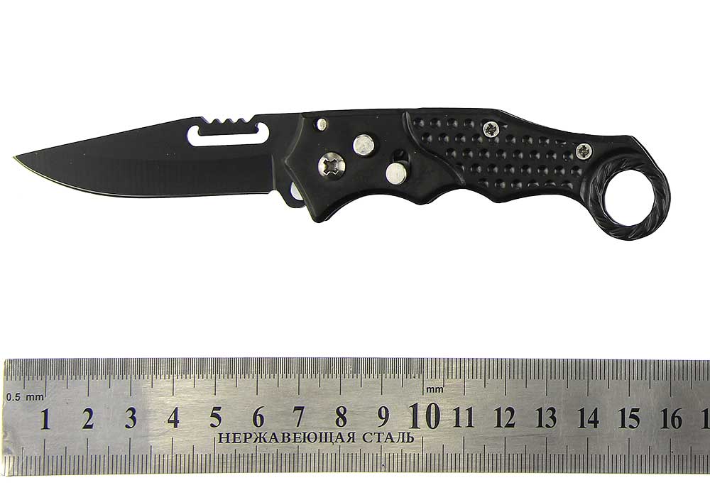 Нож скл. A263 (16см) черный мет.рис на пояс 