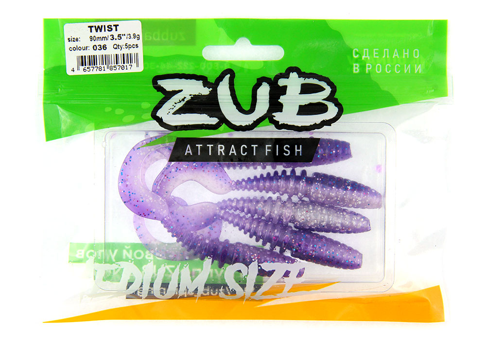 Приманка ZUB-TWIST 90мм(3,5")-5шт, (цвет 036) фиолетовый верх-натурал низ