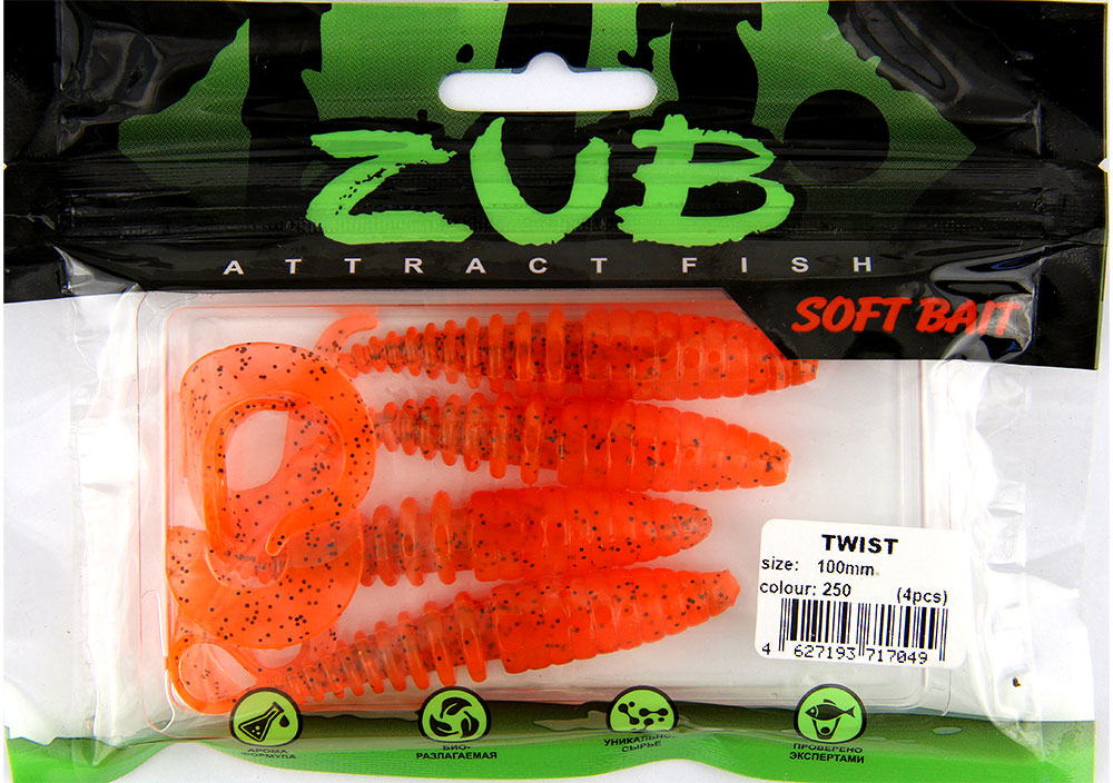 Приманка ZUB-TWIST 100мм-4шт, (цвет 250) морковный с блестками