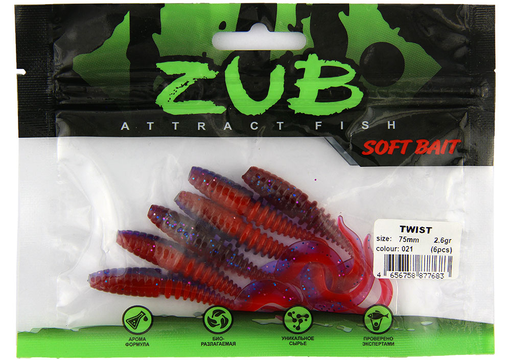 Приманка ZUB-TWIST 75мм-6шт, (цвет 021) фиолетово-красный